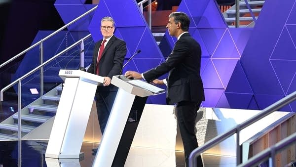 Labour leader Sir Keir Starmer and Prime Minister Rishi Sunak on stage during a June 26 debate.