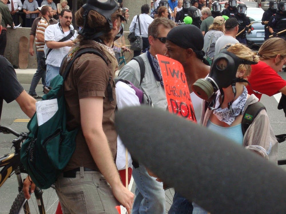 Protester with gas mask