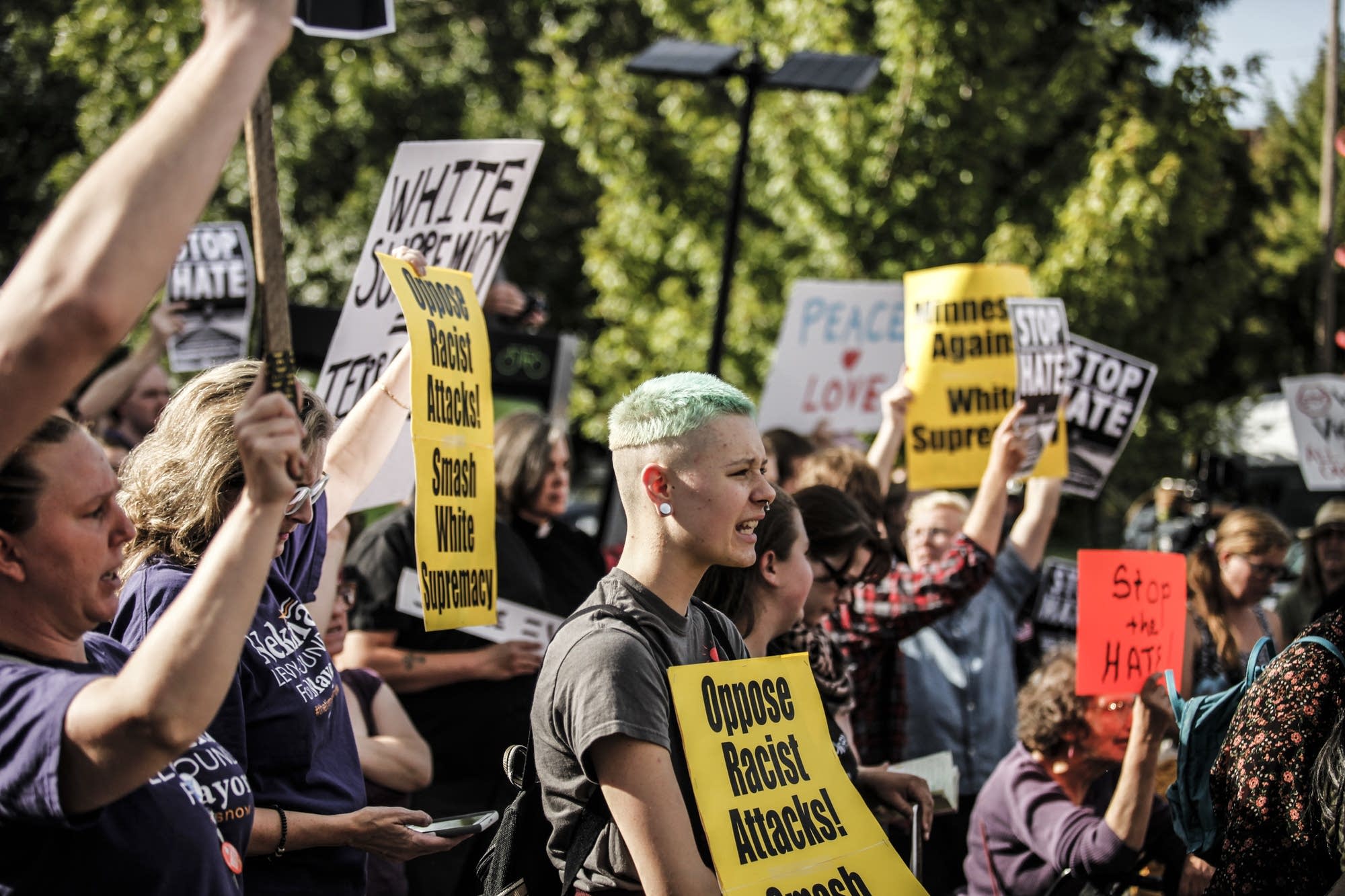 Demonstrators at state Republican party offices Monday.