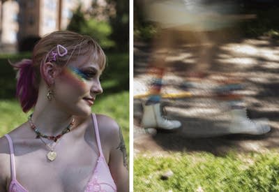 Split-screen image. On the left, a portrait of a woman with rainbow makeup. On the right, a blurry image of a person's feet walking.