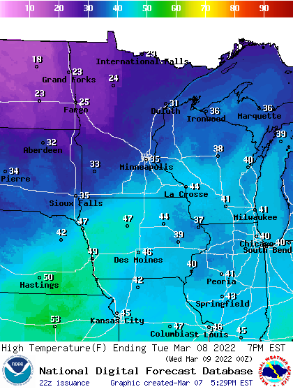 Forecast high temperatures Tuesday