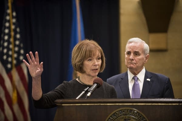 Lt. Gov. Tina Smith fields questions after being named to replace Franken.