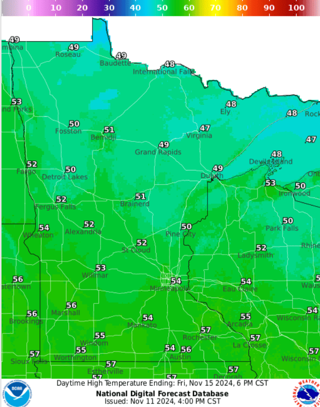Forecast high temperatures Friday
