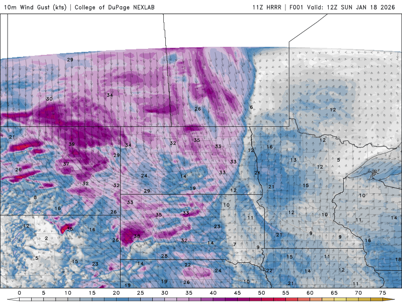 Wind speed and direction for Sunday