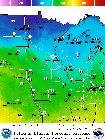 Forecast high temperatures Saturday
