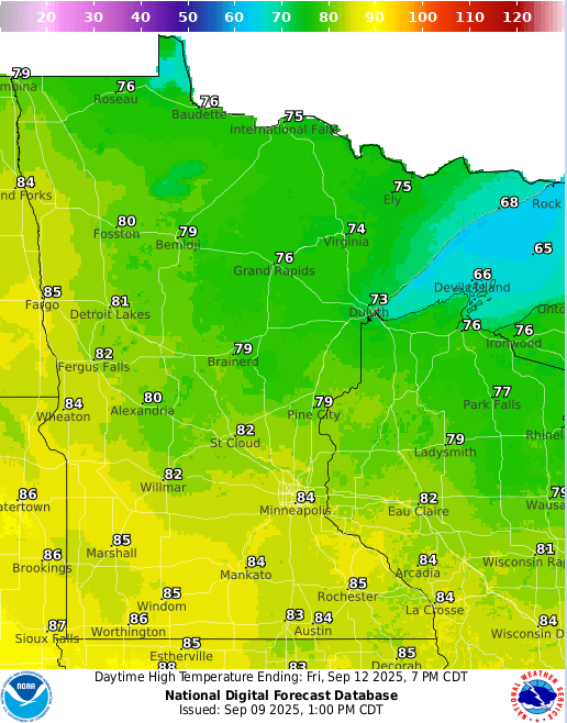 Forecast high temperatures Friday