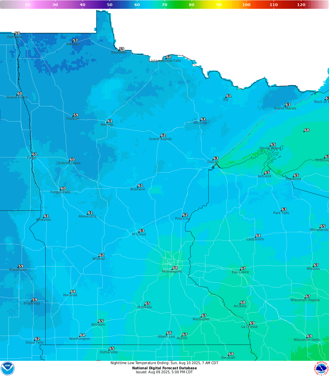 Lows for Saturday night