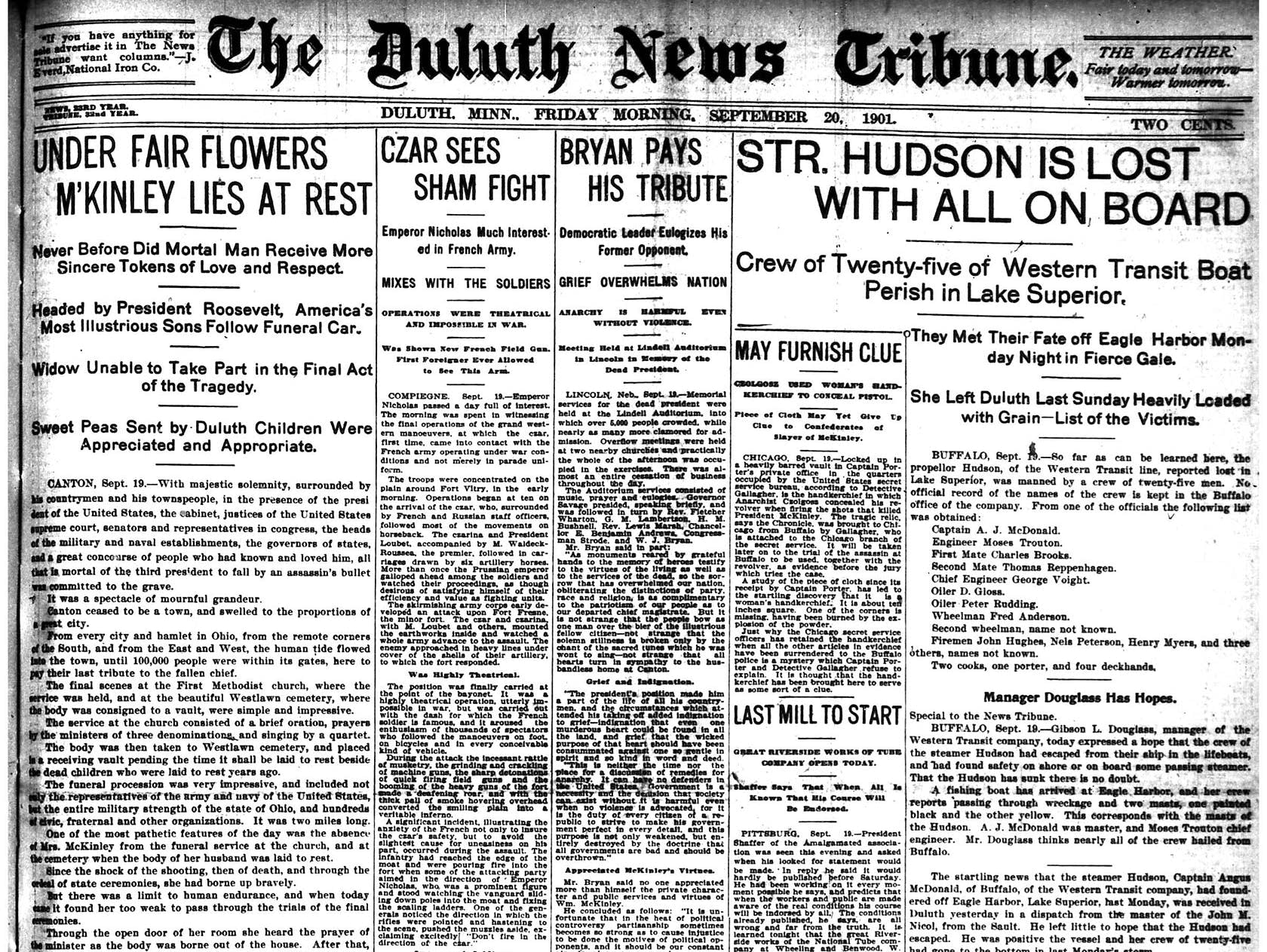 The front page of the Duluth News Tribune on Sept. 20, 1901