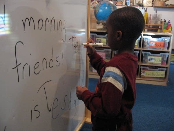 Ishmael Powell practices his spelling