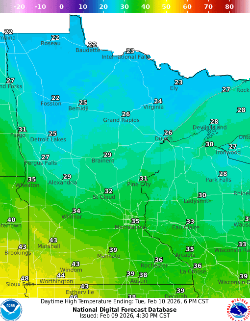 Forecast high temperatures Tuesday