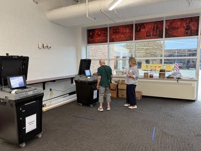 A person stands near a ballot machine.