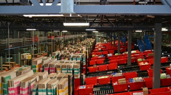 Sorting bins at the Boxed warehouse.