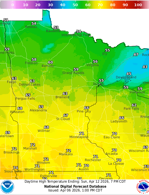 Forecast high temperatures Sunday 