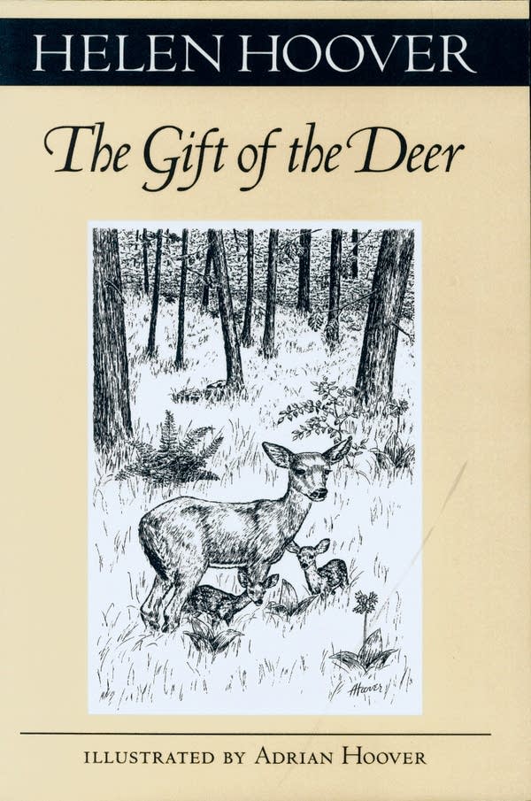 A light brown book cover for "The Gift of the Deer" by Helen Hoover, featuring a black-and-white illustration of three deer in a forest.