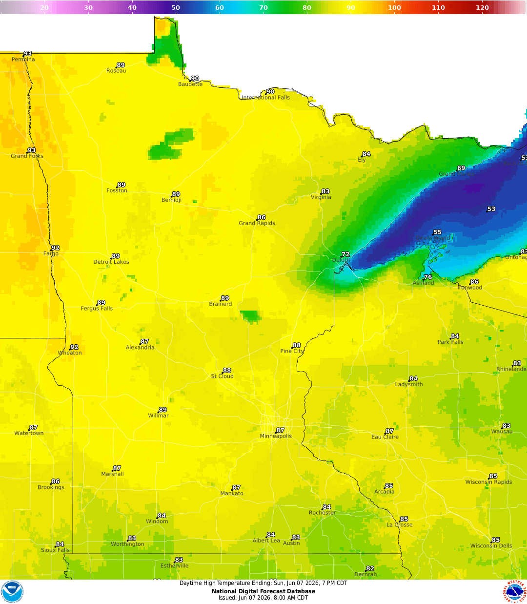 Highs for Sunday