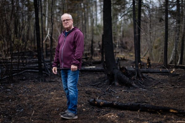 A man stands among burned trees