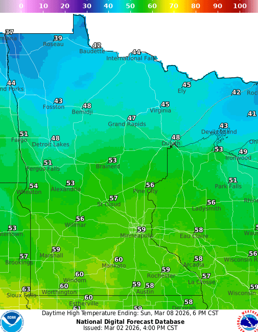 Forecast high temperatures Sunday 