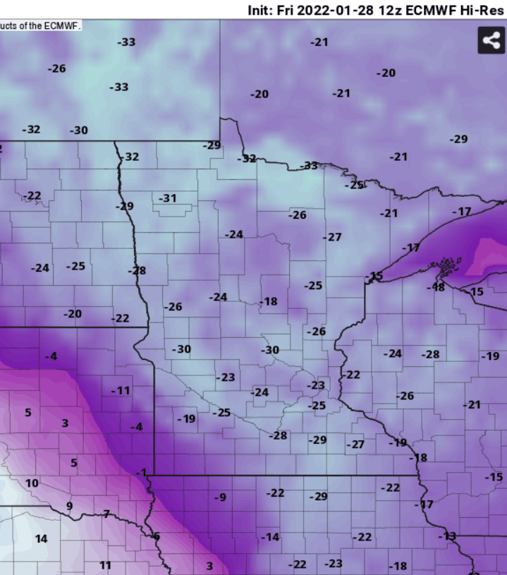 European model temperature forecast for 6 am Thursday