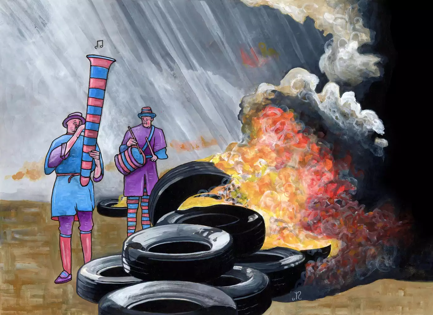 A painting of two musicians playing next to a pile of tires on fire