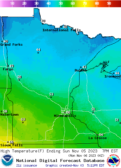 Forecast high temperatures Sunday 2