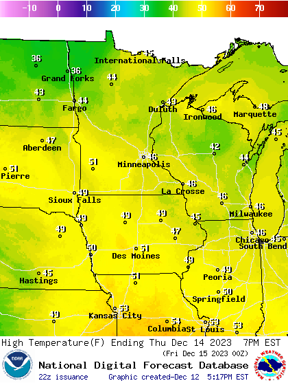 Forecast high temperatures Thursday