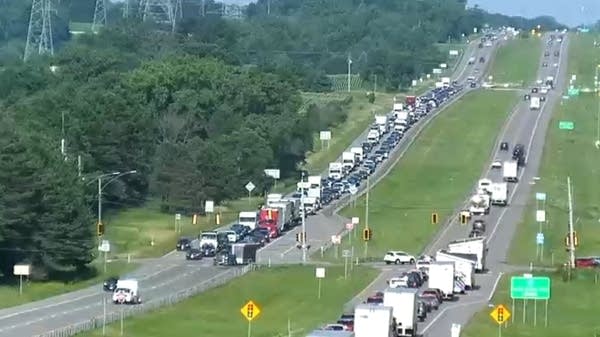 A traffic jam along a four-lane highway
