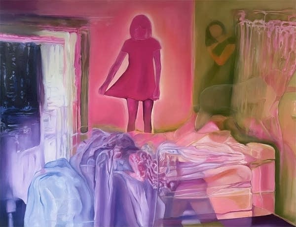 A pink image outlined as a girl stands on a bed