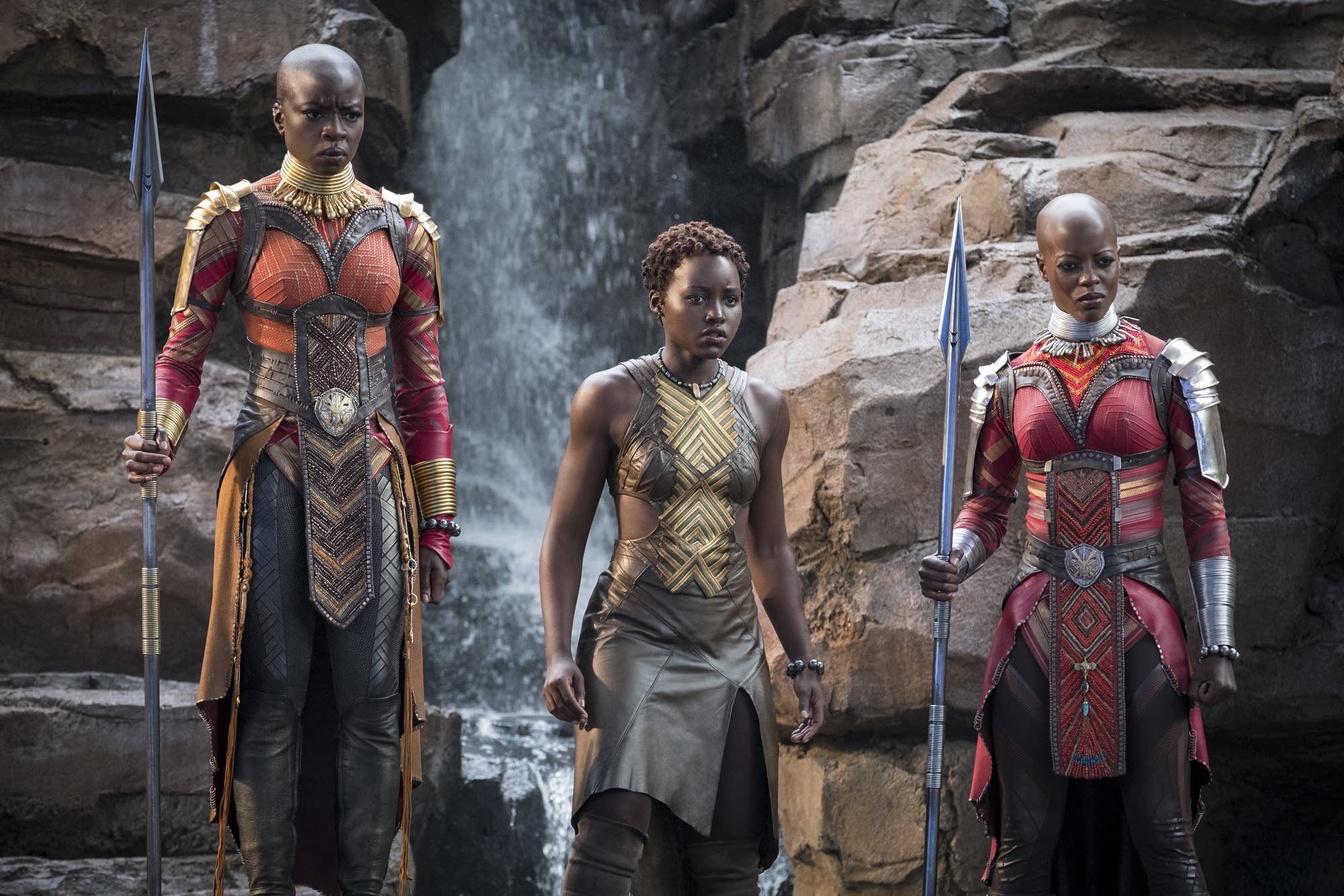 Danai Gurira, Lupita Nyong'o and Florence Kasumba in the Black Panther.