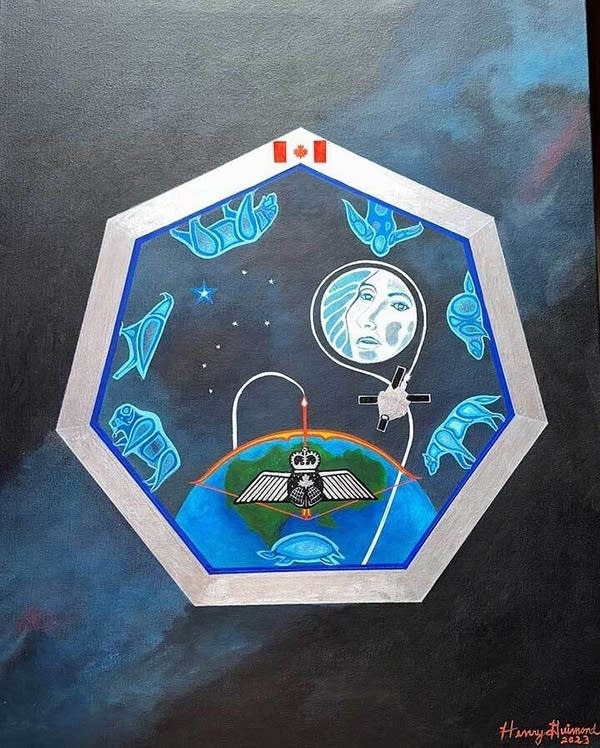 A painting of a heptagonal patch. Inside is a satellite over Earth, surrounded by animals.
