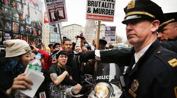 Protesters scuffle with police during a march against police violence in Manhattan in 2015.