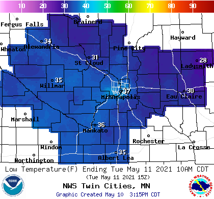 Forecast minimum temps Tuesday morning