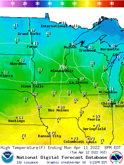 Forecast high temperatures Monday