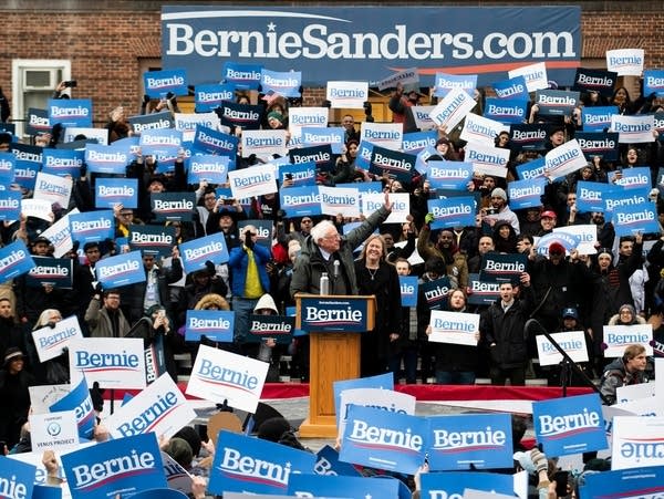 U.S. Sen. Bernie Sanders waves to supporters at a rally