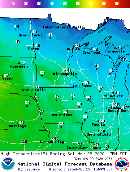 Forecast high temperatures Saturday