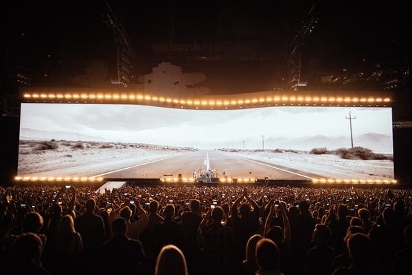 U2 performing onstage at U.S. Bank Stadium in Minneapolis on Sept. 8, 2017.