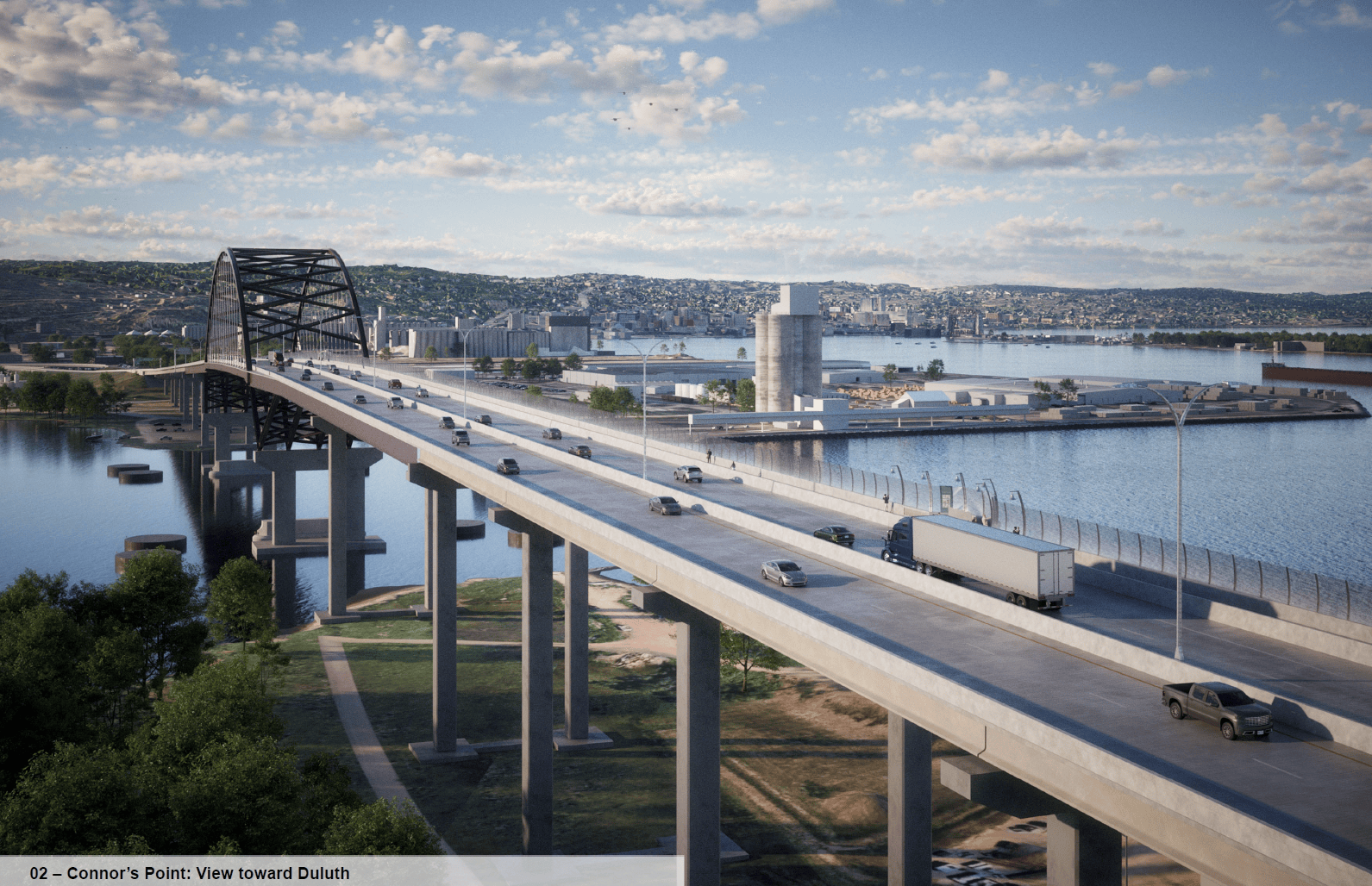 Rendering of a bridge across a large body of water.