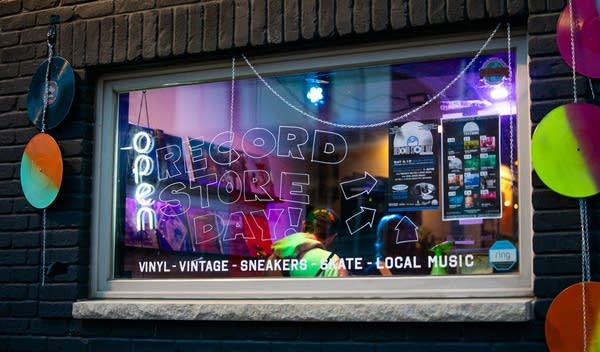 A view of the window outside Treedome in Rochester, Minnesota, on Record Store Day, Saturday, April 12, 2025.