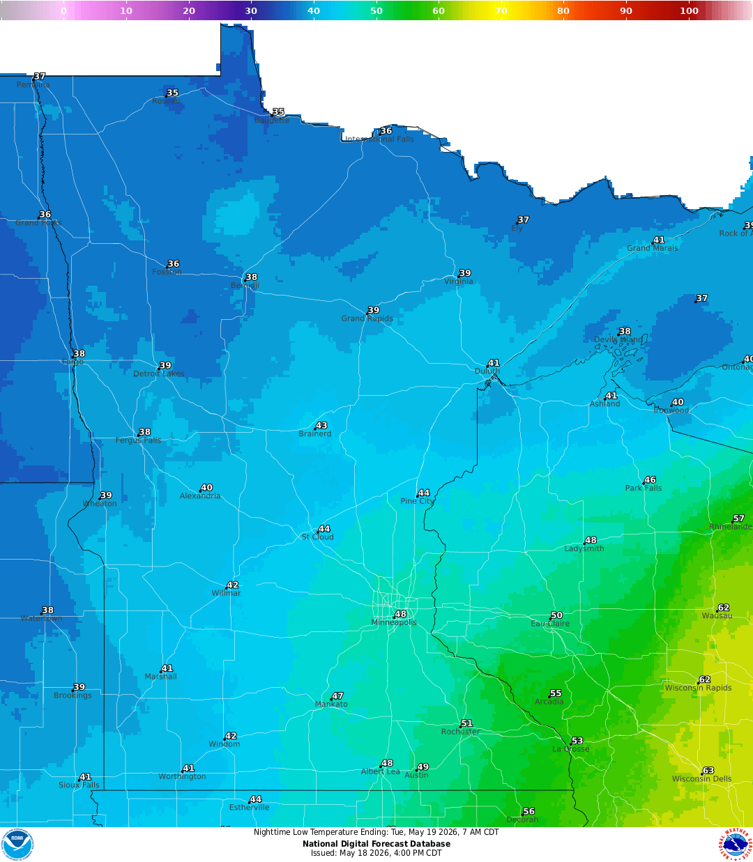 Lows for Monday night