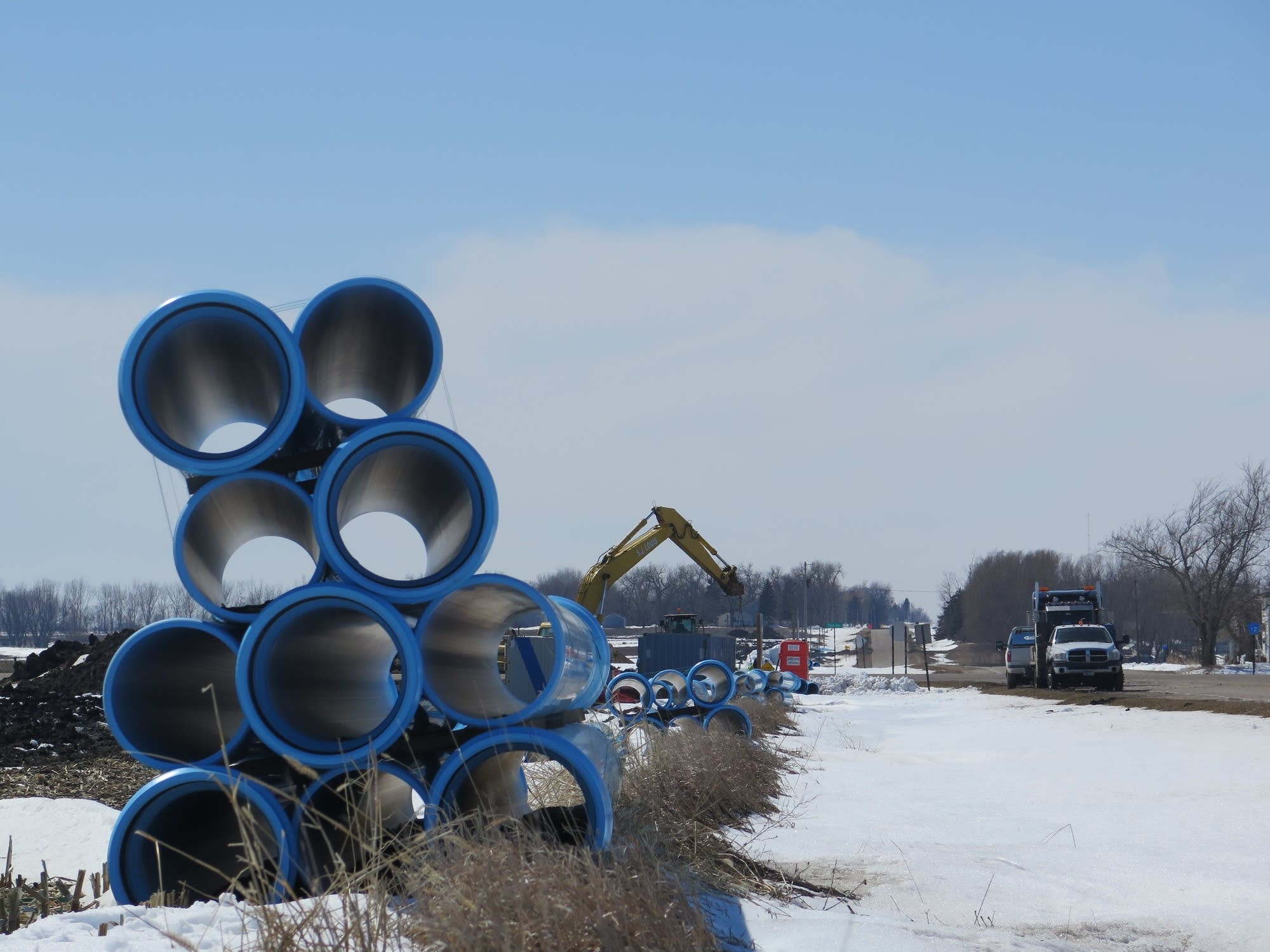 Pipes are stacked near Worthington, Minn., last week.