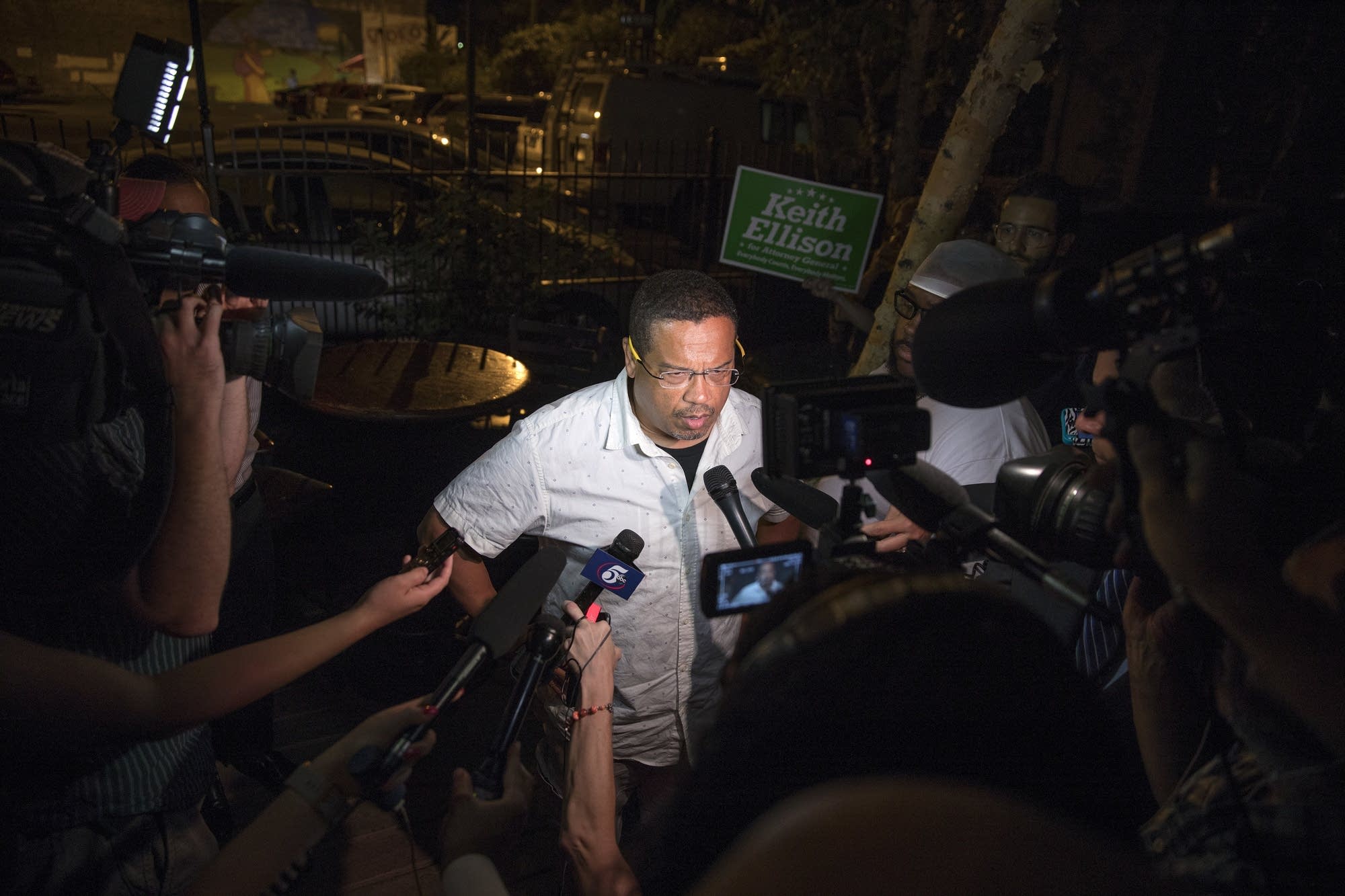 Keith Ellison fields media questions after winning the DFL primary.