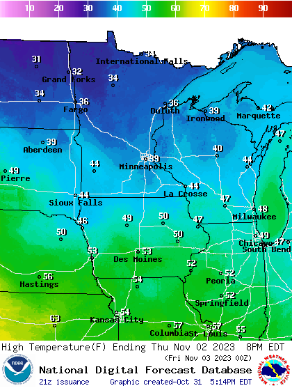 Forecast high temperatures Thursday