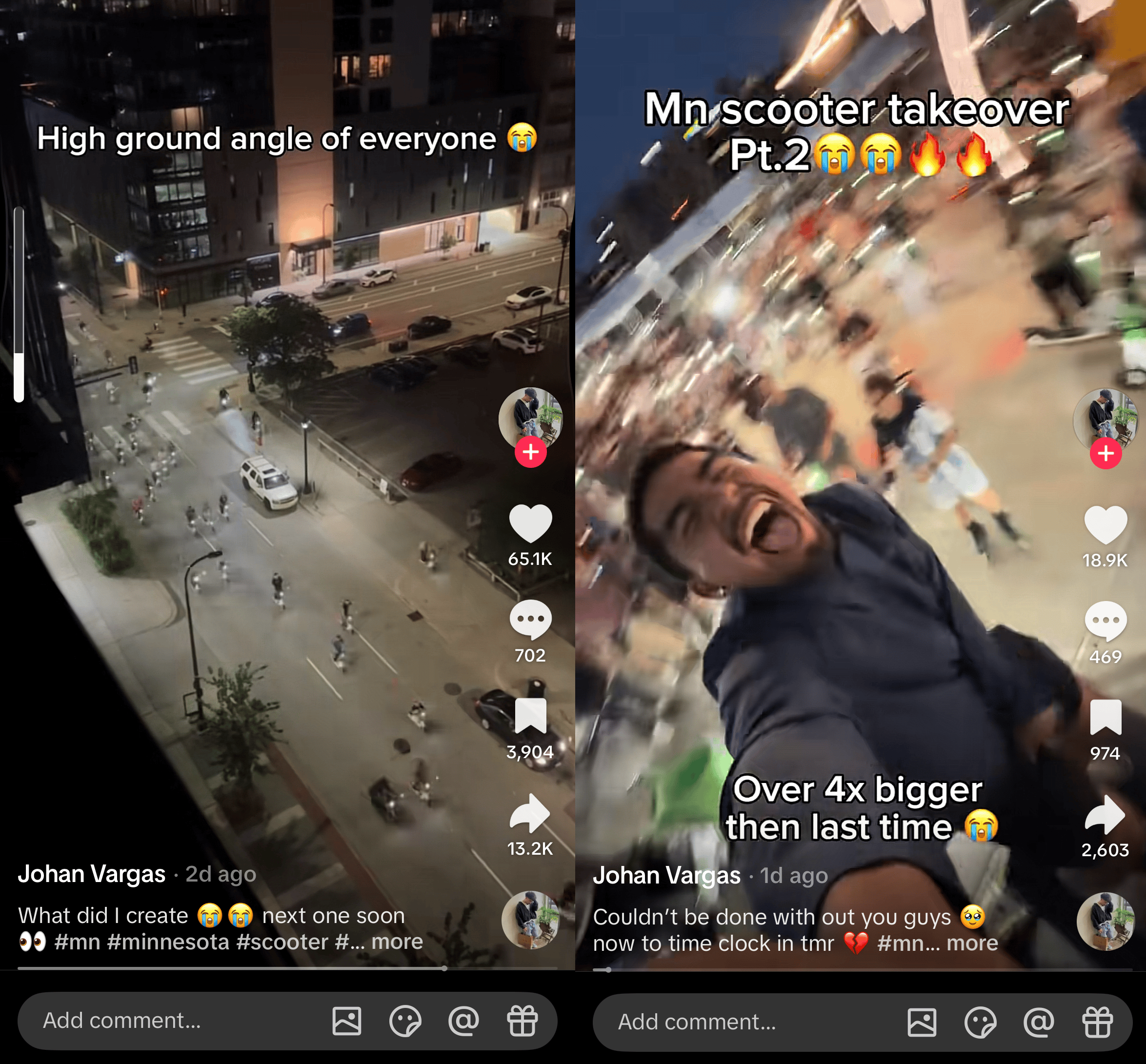 Two screenshots side by side of social media videos of people riding Lime scooters in downtown Minneapolis.