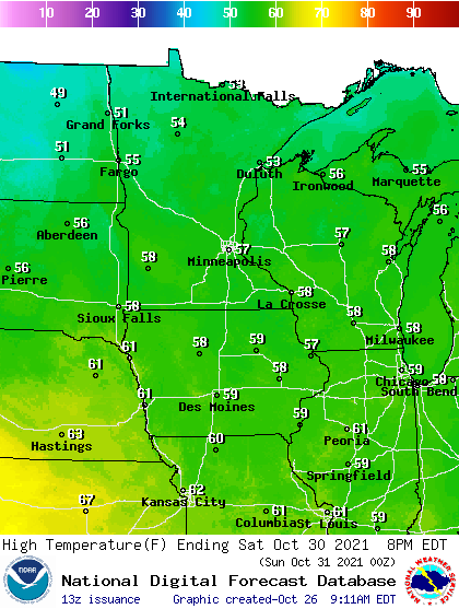 Forecast high temperatures Saturday