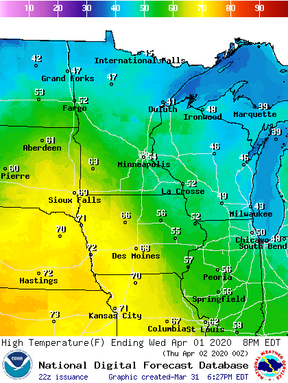 Forecast high temperatures Wednesday