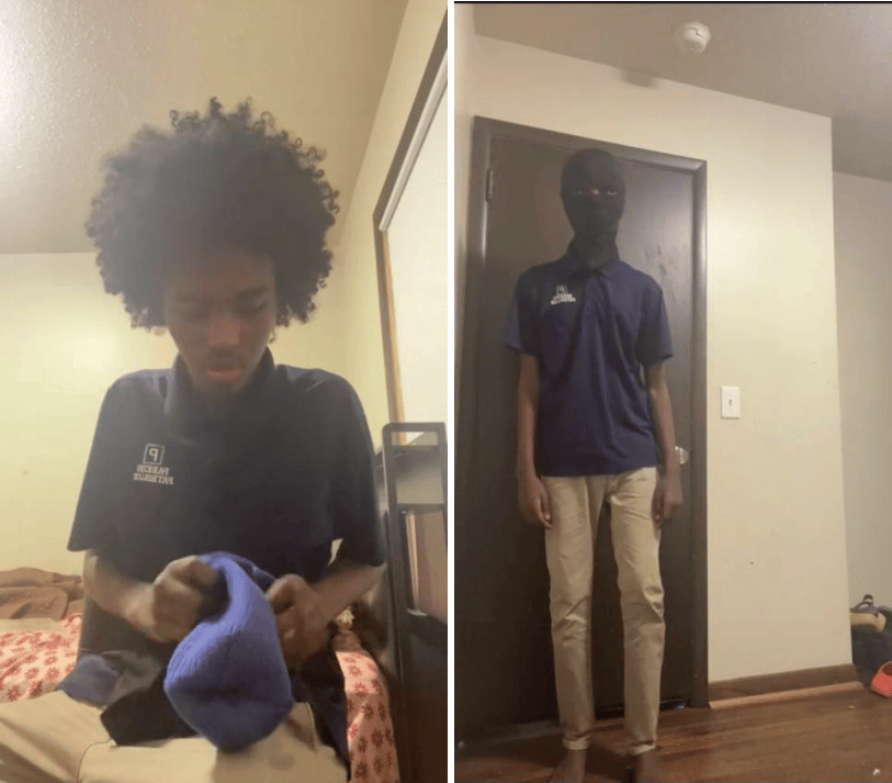 Two images of a man with a ski mask