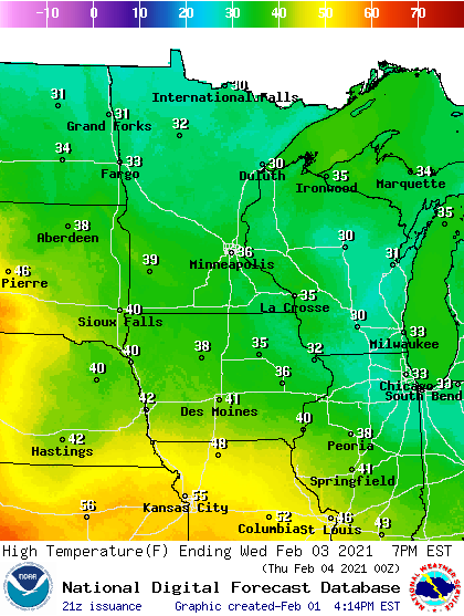 Forecast high temperatures Wednesday