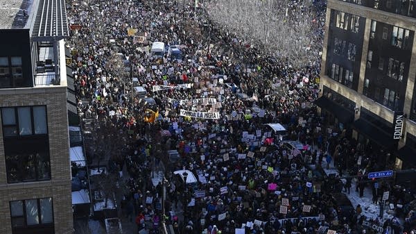 Protesters in Minneapolis during an "ICE Out" day of protest in Minneapolis.