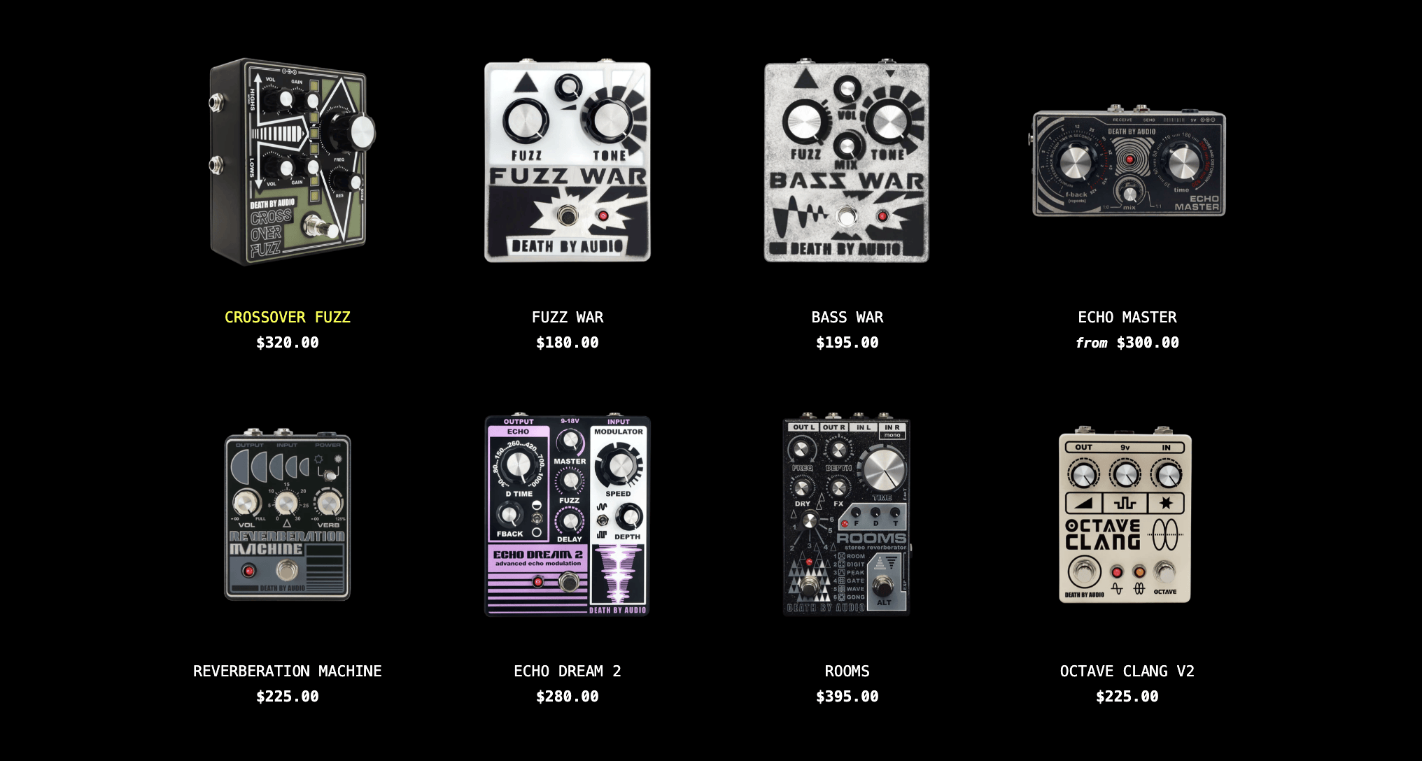 A screenshot from Death By Audio's website. The store specializes in handmade sound effect pedals.