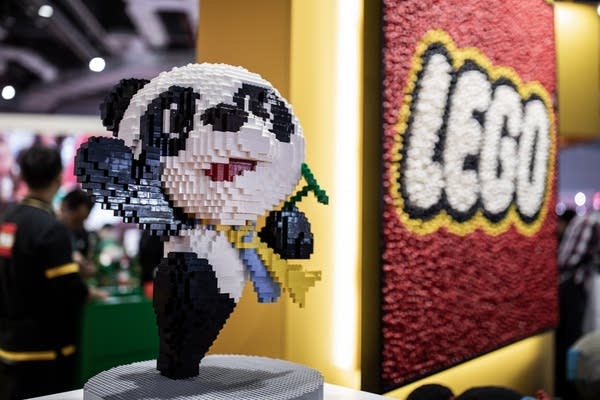 Mascot Jinbao made of Lego bricks is on display on day three of the China International Import Expo at the National Exhibition and Convention Center in Shanghai, China. 