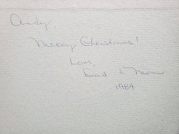 Inscription in Dinosaur Book: "Andy, Merry Christmas, Love Mom and Dad"